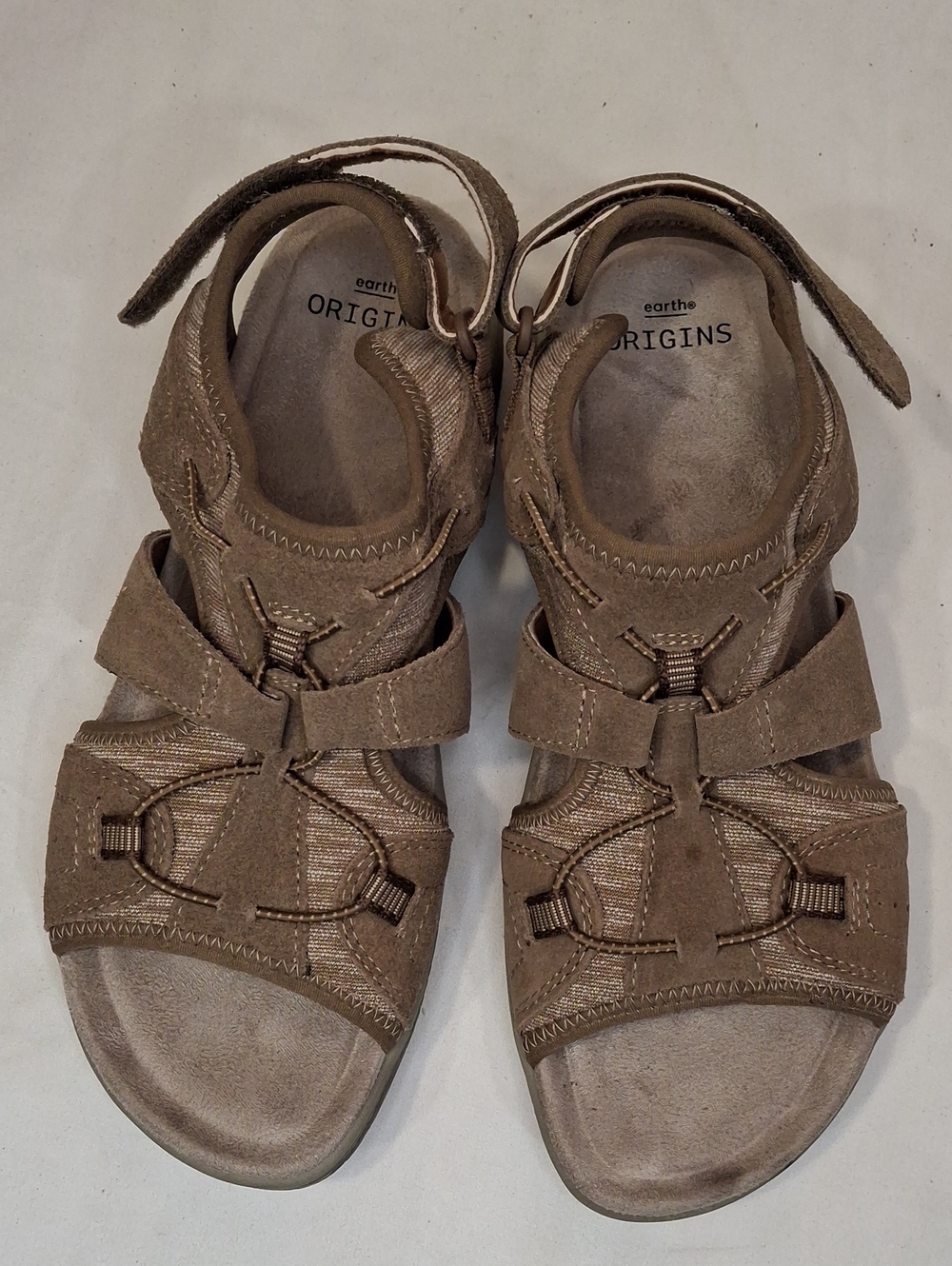 Earth Origins Taupe Strappy Comfort Sandals. Adjustable Rear Strap. Lightly Worn